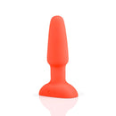b-Vibe Rimming 2 Rotating and Vibrating Remote Control Plug Orange on a reflective surface.