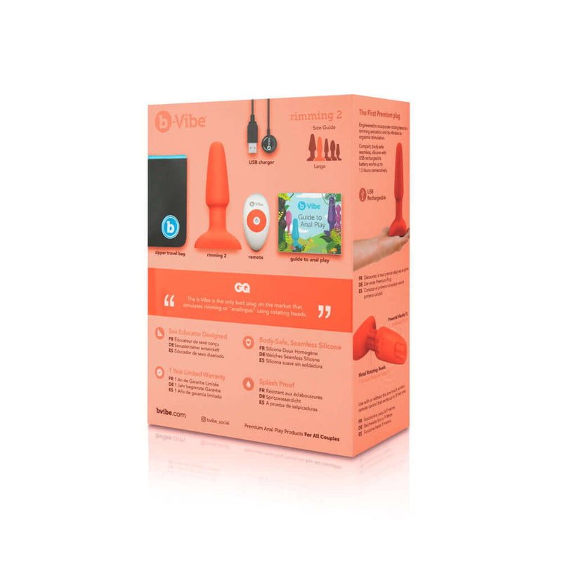 b-Vibe Rimming 2 Rotating and Vibrating Remote Control Plug Orange packaging with USB charger and remote control.