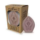 Eden's Vanilla Scented Vagina Candle Taupe in packaging with vulva design, ideal for relaxation and ambiance.