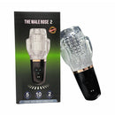 The Male Rose 2 Vibrating Sucking Masturbator Clear with packaging showcasing its features of 10 vibration modes.