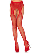 Casey Rhinestone Fishnet Suspender Pantyhose One Size Red featuring bold cutouts and shimmering rhinestones for a glamorous look.