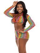 Leg Avenue 3 Pc Net Bra Top With Shrug and Boy Shorts in vibrant rainbow colors on a smiling model.