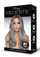 Celeste Premium Stylable Wig Silver in packaging, showcasing soft silver and ash curls for versatile styling options.