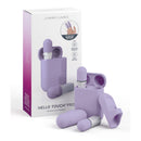 Jimmyjane Hello Touch Pro Finger Vibrator Light Purple in travel case with included silicone sleeves and massagers.