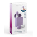 Jimmyjane Hello Touch Pro Finger Vibrator Light Purple in packaging with two mini massagers and silicone sleeves.
