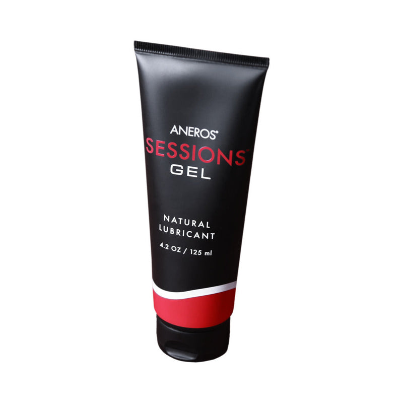 Aneros Sessions Gel Natural Lubricant 4.2 Oz in a sleek black tube with red accents.