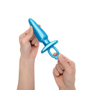 b-Vibe Butties Sleek Tapered Silicone Plug, a blue silicone butt plug held by hands, designed for comfortable anal exploration.