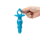Hand holding a b-Vibe Butties Bounce Beaded Silicone Plug in blue, showcasing its beaded design and ergonomic shape.