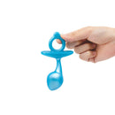 b-Vibe Butties Bulb Silicone Prostate Plug in blue held in hand for easy display.