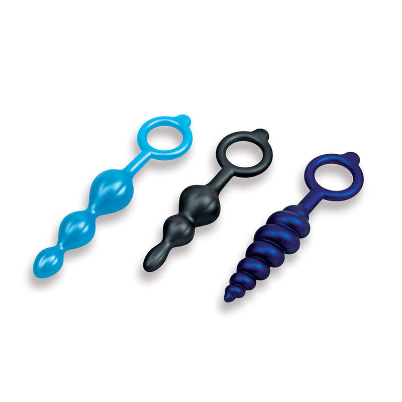 b-Vibe Beaded Butties Bundle 3-Piece Anal Plug Set showcasing three different silicone anal plugs in varying designs.