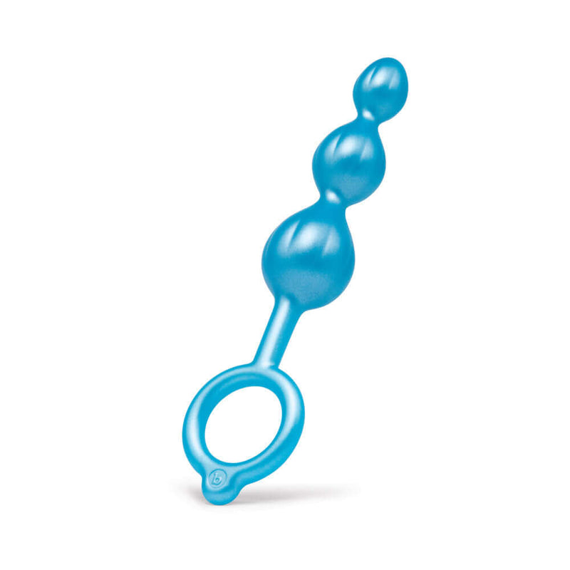 b-Vibe Beaded Butties Bundle 3-Piece Anal Plug Set blue graduated anal plug with rounded beads and safety ring handle.