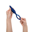 b-Vibe Beaded Butties Bundle 3-Piece Anal Plug Set held in hands, featuring a blue graduated anal plug.