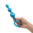 b-Vibe Beaded Butties Bundle 3-Piece Anal Plug Set, hand holding a blue silicone anal plug