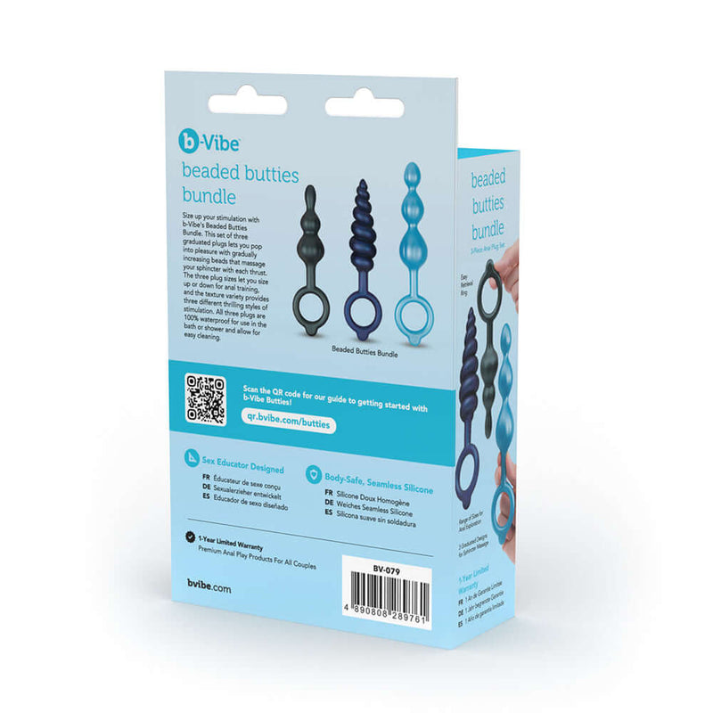b-Vibe Beaded Butties Bundle 3-Piece Anal Plug Set packaging with detailed product information and design highlights.