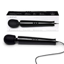 Le Wand Plug-In Vibrating Massager Black with box, showcasing powerful massage features and long cord.