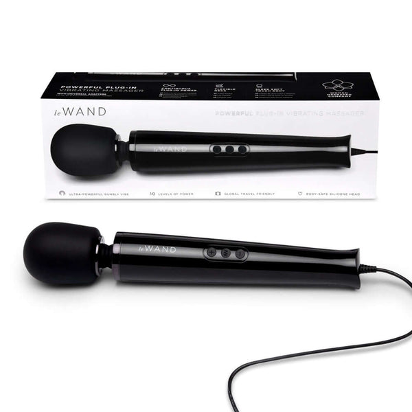 Le Wand Plug-In Vibrating Massager Black with box, showcasing powerful massage features and long cord.