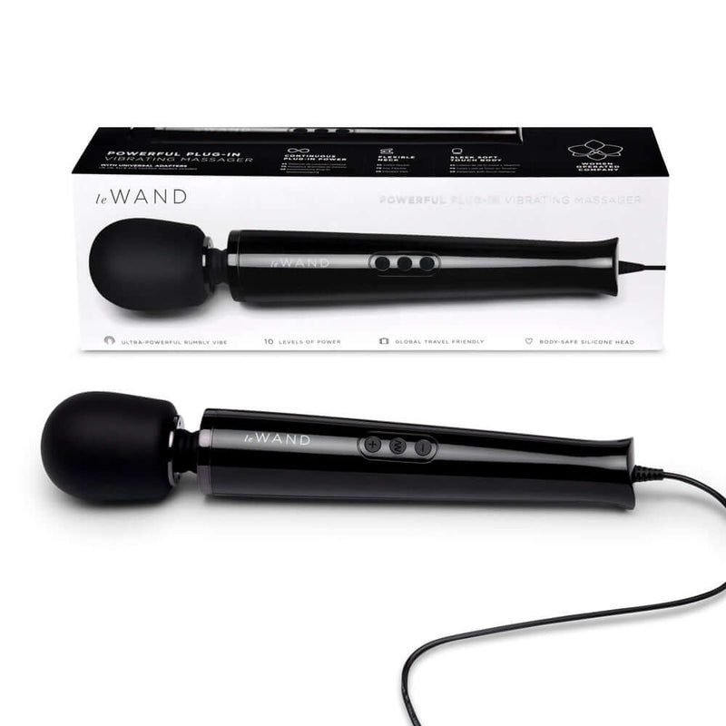 Le Wand Plug-In Vibrating Massager Black with box, showcasing powerful massage features and long cord.