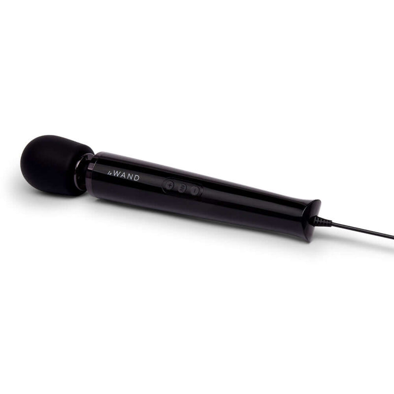 Le Wand Plug-In Vibrating Massager Black with a sleek design and long power cord.