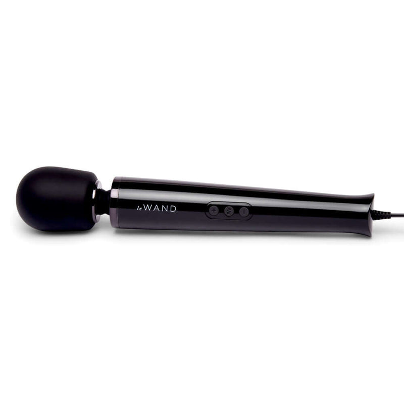 Le Wand Plug-In Vibrating Massager Black side view showing controls and sleek design.