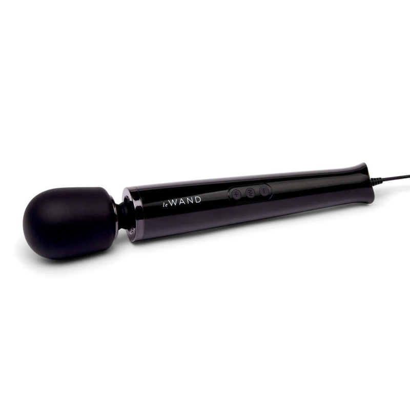 Le Wand Plug-In Vibrating Massager Black with a sleek design and cord for continuous pleasure.