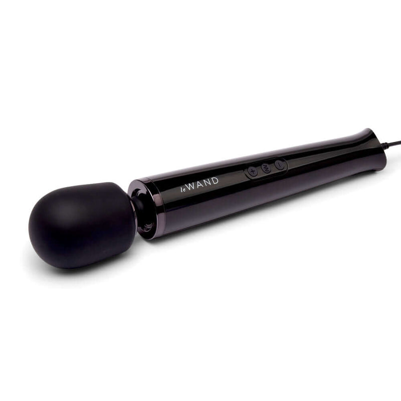 Le Wand Plug-In Vibrating Massager Black with controls and long cord for continuous pleasure.