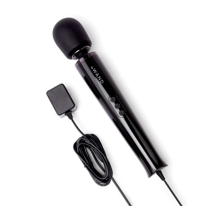 Le Wand Plug-In Vibrating Massager Black with power cord and control buttons.