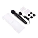 Le Wand Plug-In Vibrating Massager Black with accessories and white storage pouch.