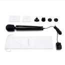 Le Wand Plug-In Vibrating Massager Black with accessories, user manual, and power adapter, perfect for endless pleasure.