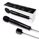 Le Wand Plug-In Vibrating Massager Black displayed with its packaging and power adapter.