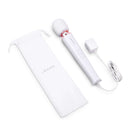 Le Wand Plug-In Vibrating Massager White with storage pouch and plug for continuous high-intensity vibration.