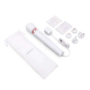 Le Wand Plug-In Vibrating Massager White with accessories and storage pouch displayed on a white background.