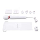 Le Wand Plug-In Vibrating Massager White with accessories and charging plugs on a white background.
