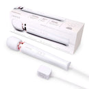 Le Wand Plug-In Vibrating Massager White displayed with packaging, showcasing its corded design for powerful stimulation.