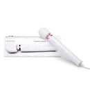 Le Wand Plug-In Vibrating Massager White next to its packaging displaying a powerful vibrating wand design.