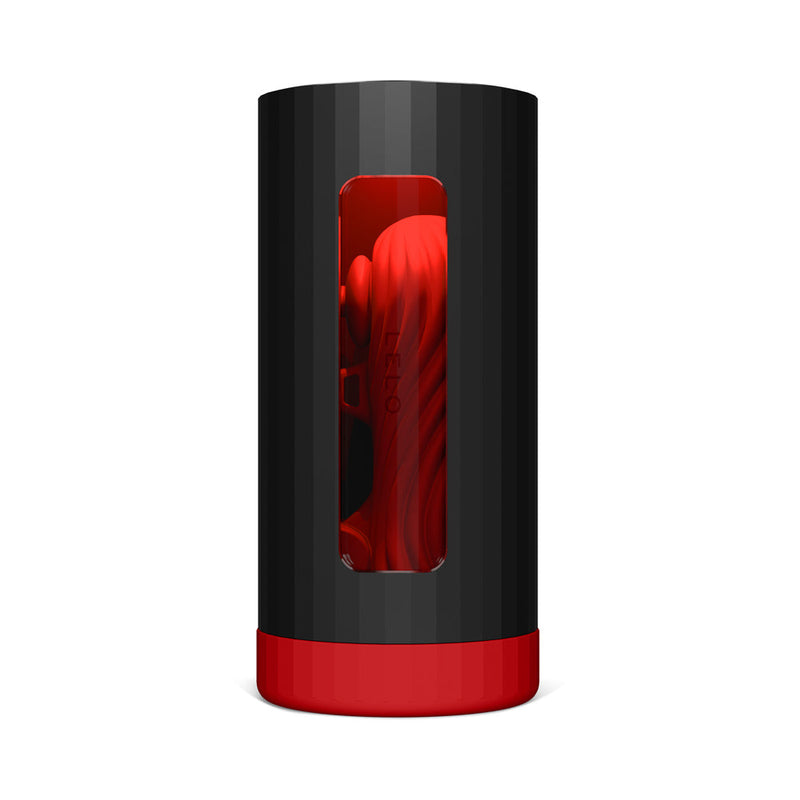 LELO F1S V3 XL Red App Controlled Masturbator in a sleek black and red case with a transparent window.