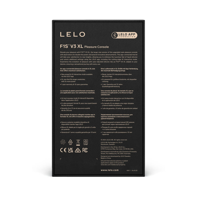 LELO F1S V3 XL Blue App Controlled Masturbator product packaging and specifications details.