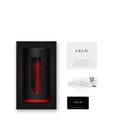 LELO F1S V3 Red App Controlled Masturbator in packaging with accessories including USB charging cable.
