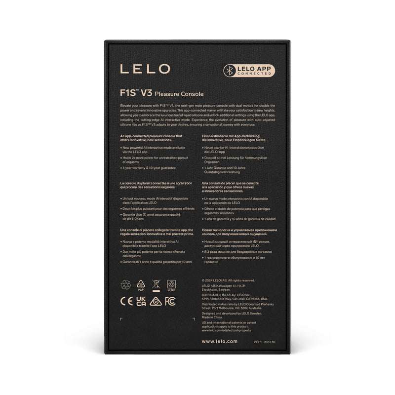 LELO F1S V3 Blue App Controlled Masturbator packaging with features and specifications listed on the back.