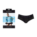 SpareParts Tomboi Cover Brief Underwear Harness Nylon Black XS with packaging and model display.