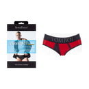 SpareParts Tomboi Brief Style Underwear Harness Nylon Red Black XXS on packaging with model wearing it.