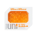 Tenga Uni Topaz Unisex Pleasure Sleeve packaging showcasing its unique texture and vibrant orange color.