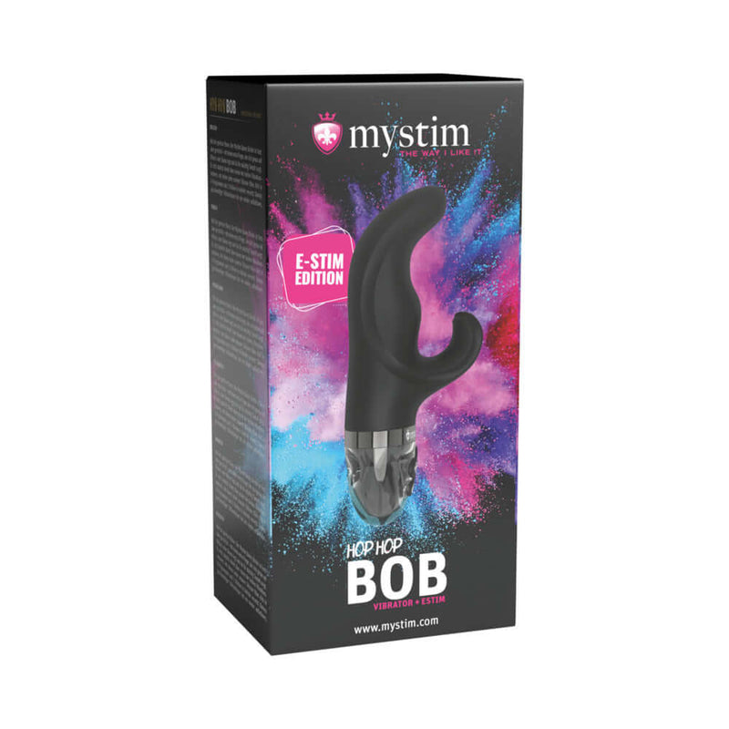 Mystim Hop Hop Bob eStim Vibrator Black packaging with colorful background, showcasing the E-stim edition features.