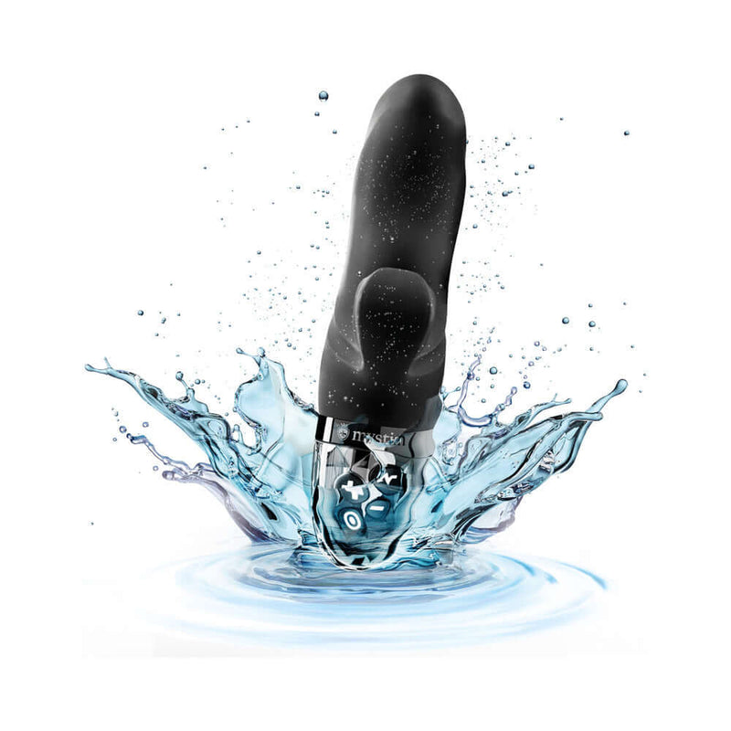 Mystim Hop Hop Bob eStim Vibrator Black splashing in water, designed for dual-action pleasure and electrifying stimulation.