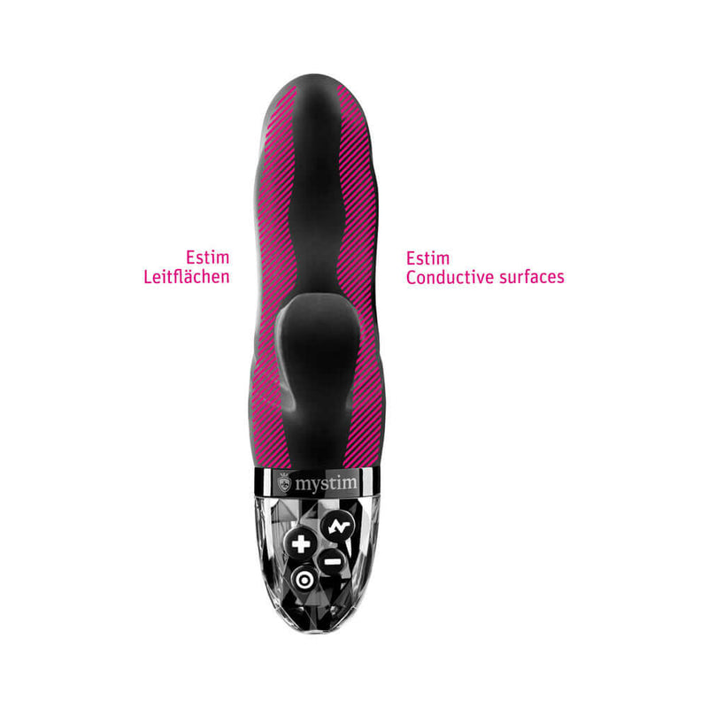 Mystim Hop Hop Bob eStim Vibrator Black showing its conductive surfaces and control panel for enhanced pleasure.