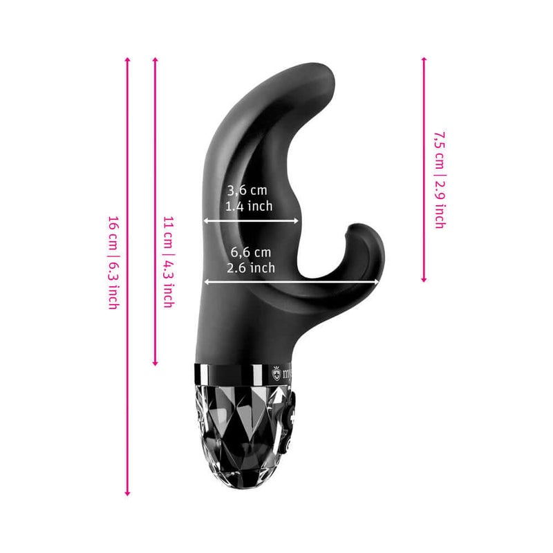 Mystim Hop Hop Bob eStim Vibrator Black dimensions and features for dual-action pleasure.
