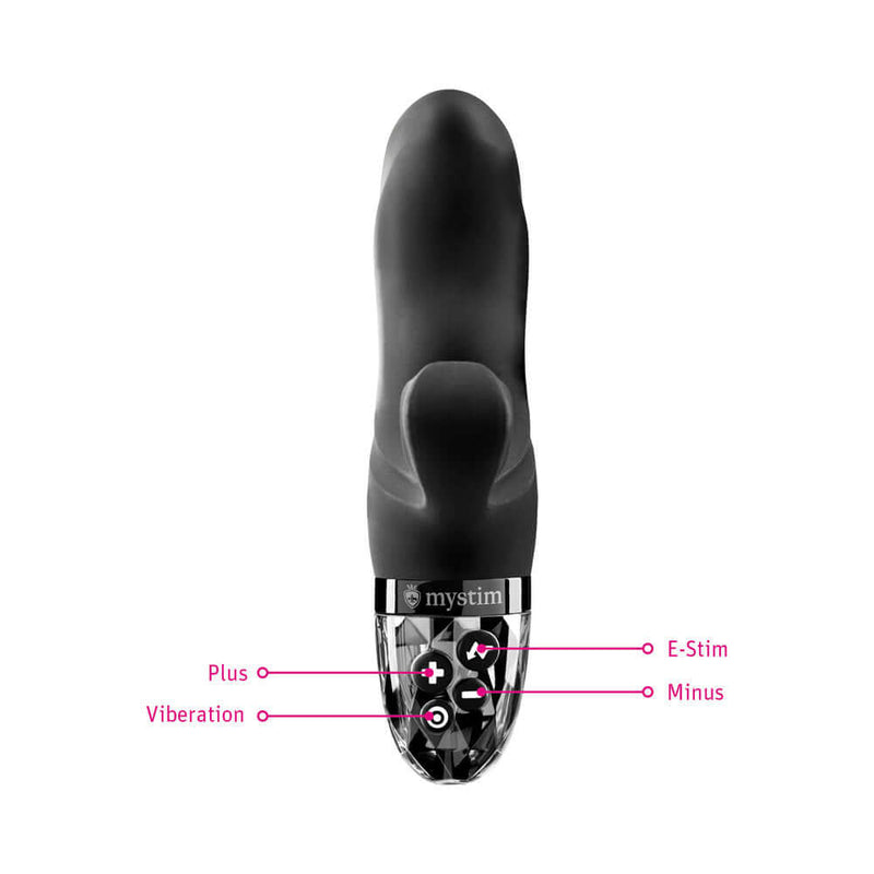 Mystim Hop Hop Bob eStim Vibrator Black featuring controls for E-Stim and Vibration.