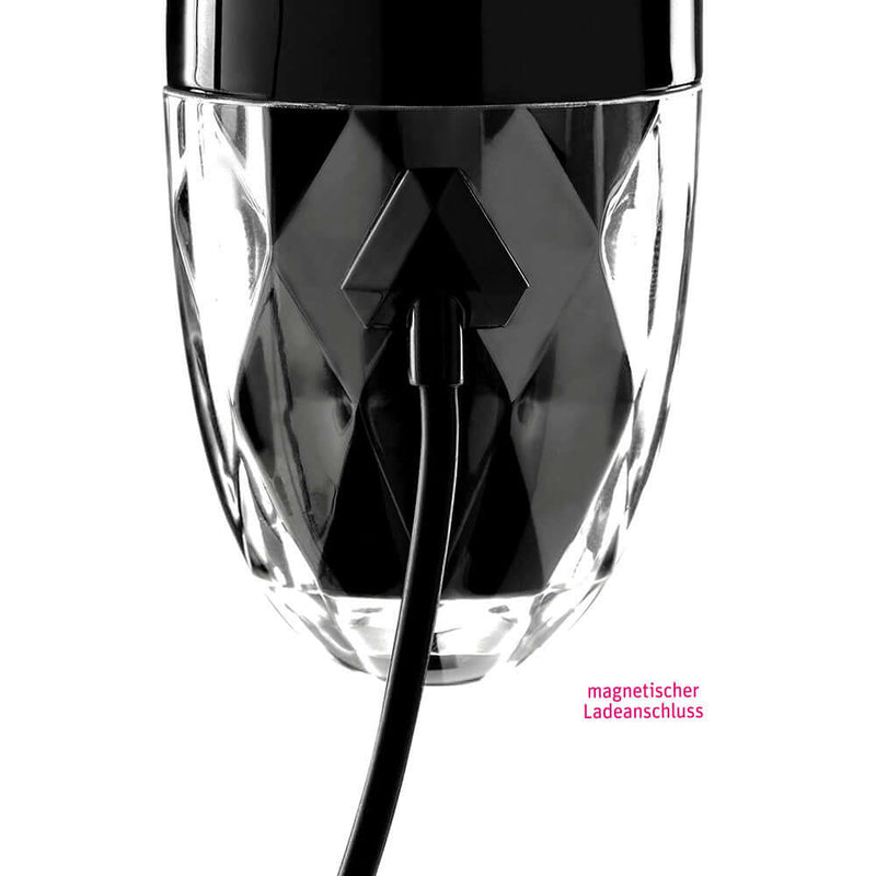 Mystim Hop Hop Bob eStim Vibrator Black showing the magnetic charging connection.