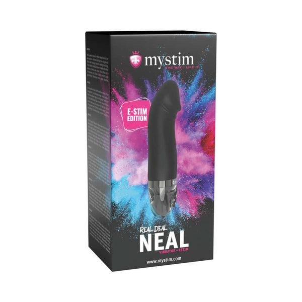 Mystim Real Deal Neal eStim Vibrator Black packaging showing e-stim edition and vibrant colors.