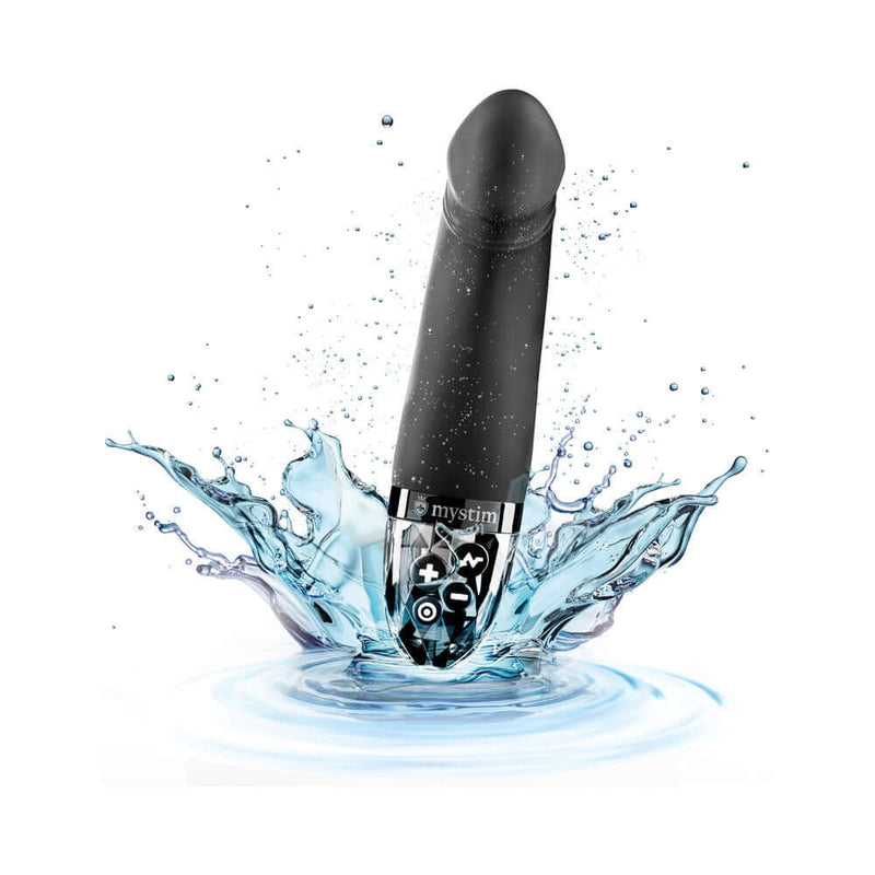 Mystim Real Deal Neal eStim Vibrator Black splashing in water showcasing its sleek design and powerful features.