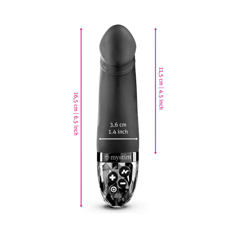 Mystim Real Deal Neal eStim Vibrator Black with dimensions labeled for size reference.